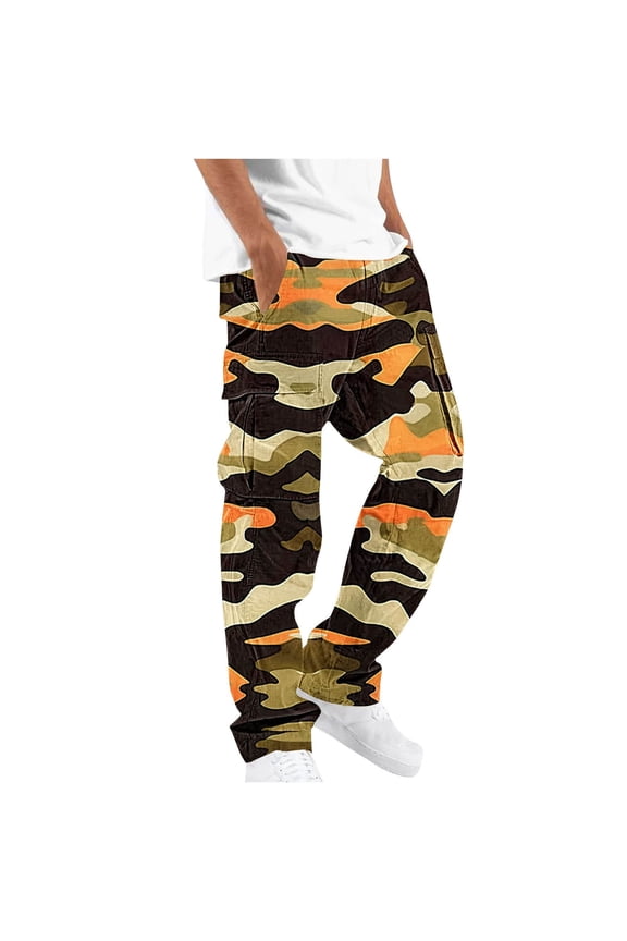 Men's Cargo Pants, Camouflage Print with Elastic Waist and Drawstring Pockets, Straight Leg Durable Workwear Pants for Outdoor Activities and Casual Wear