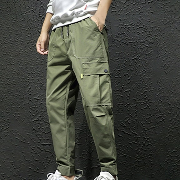 Handshe Men's Cargo Pants Solid Color with Elastic Waistband, Drawstring Pockets and Tapered Leg
