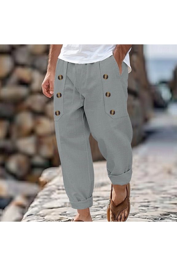 Men's Casual Beach Pants with Drawstring & Multi-Button Pockets Loose Fit Outdoor Relaxed Wear,Plus Size