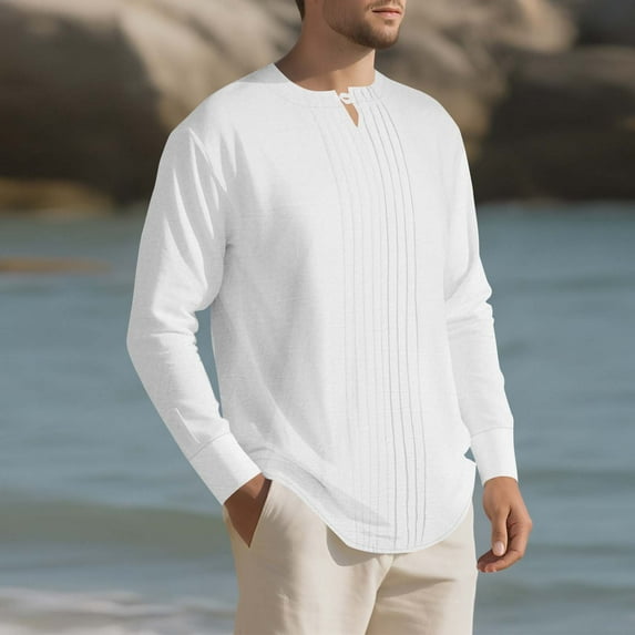 Handshe Men's Casual Button-Down Long Sleeve Round Neck Shirt, Relaxed Fit Autumn Winter Comfort Wear for Outdoor Leisure Activities,Plus Size