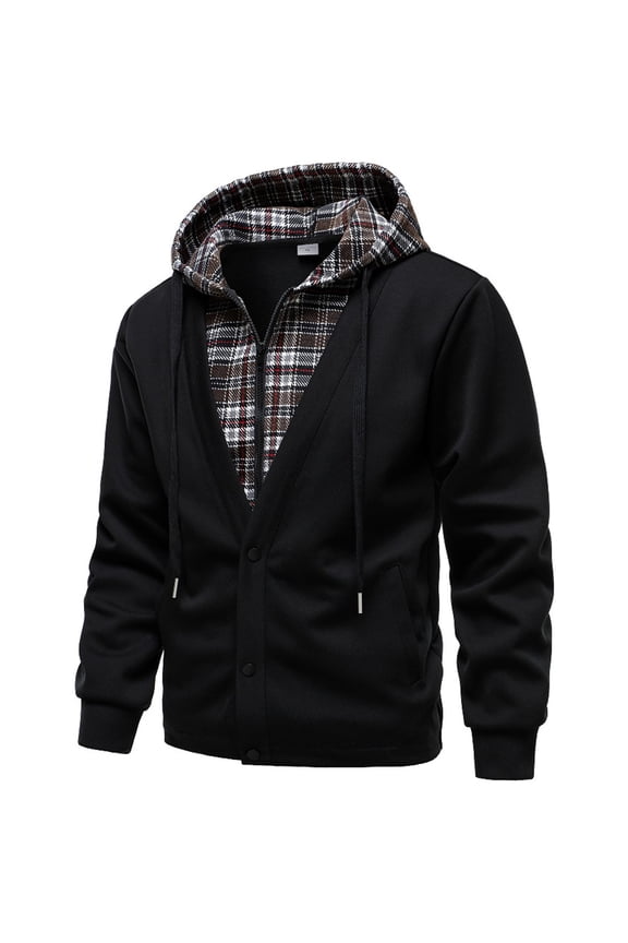 Men's Casual Checkered Hooded Mock Two-Piece Sweatshirt Jacket, Heavyweight Warmth with Button and Zipper Combo Closure, Long Sleeve Outerwear for Outdoor Adventures and Daily Wear