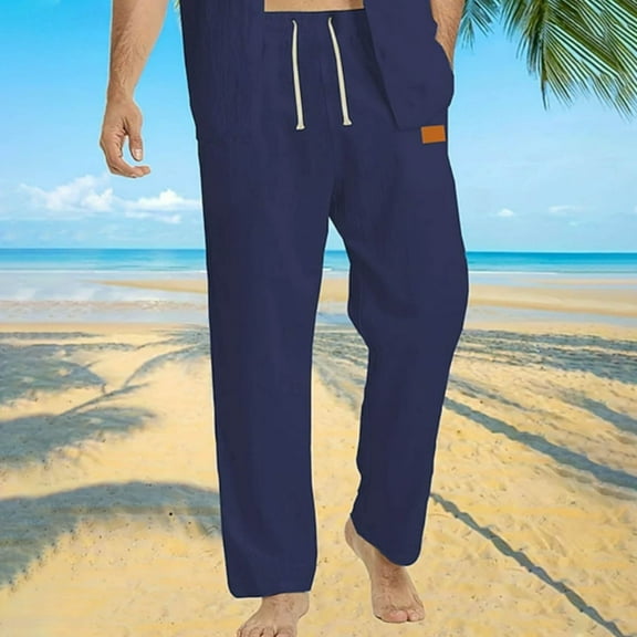 Handshe Men's Casual Elastic Drawstring Waist Relaxed Fit Straight Leg Summer Beach Pants Solid Color,Plus Size