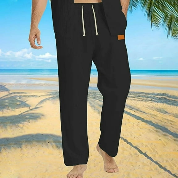 Handshe Men's Casual Elastic Drawstring Waist Relaxed Fit Straight Leg Summer Beach Pants Solid Color,Plus Size
