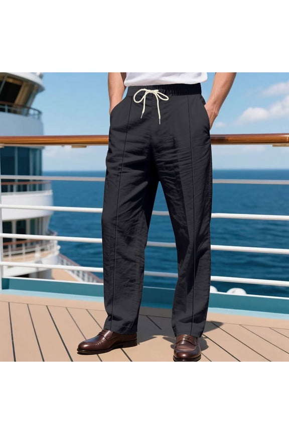 Men's Casual Elastic Waist Drawstring Beach Wide-Leg Breathable Pants with Pockets,Plus Size