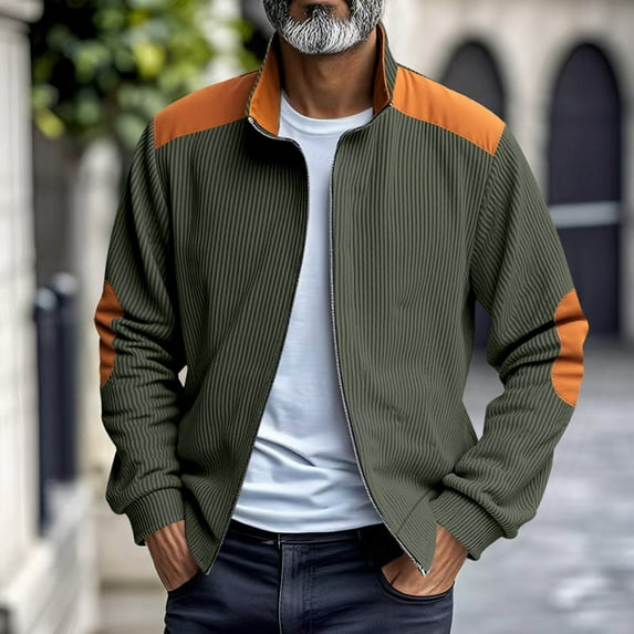 Handshe Men's Casual Fashion Long Sleeve Shirts, Solid Color Stand Collar Zipper Pocket Tops, Stylish Outdoor Casual Wear for Daily Adventures,Plus Size