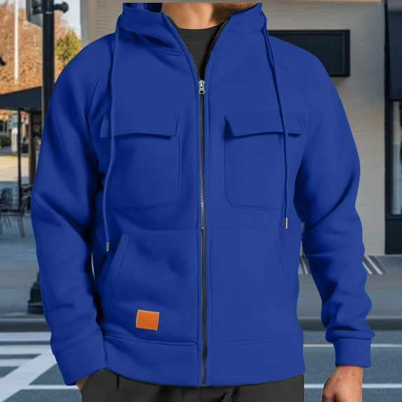 Handshe Men's Casual Fashion Solid Color Hooded Zip-Up Pocket T-Shirt, Long Sleeve Pullover Streetwear for Daily Outfits,Plus Size