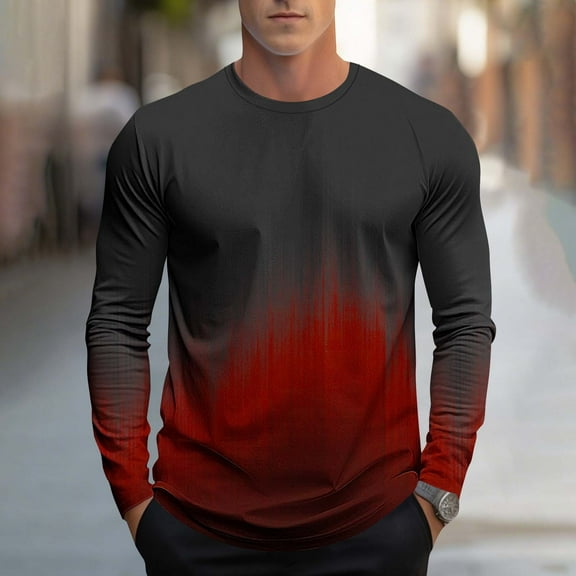 Handshe Men's Casual Gradient Print Sporty Long Sleeve Shirts, Fashionable Round Neck Tops for Men, Outdoor Athletic Wear Workout Running Hiking,Plus Size