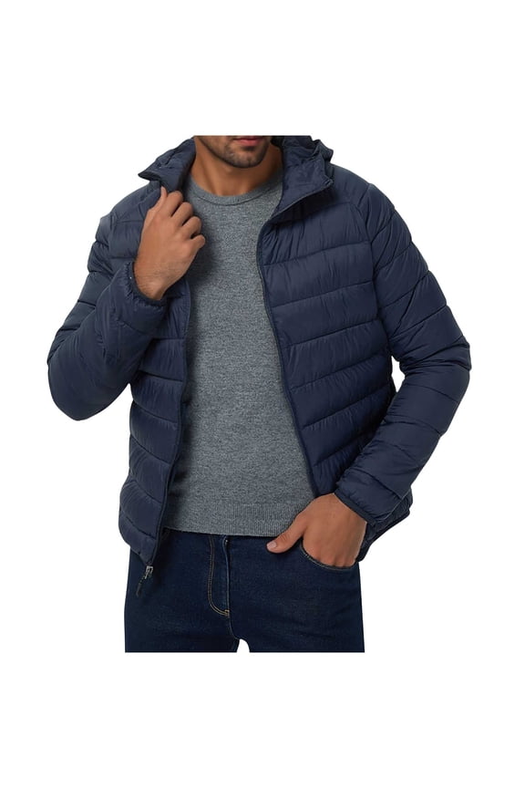 Men's Casual Hooded Cotton Jacket, Solid-Color Lightweight Cropped Design with Zipper Front and Storage Pouch, Long Sleeve Thermal Outerwear for Outdoor Activities and Daily Wear