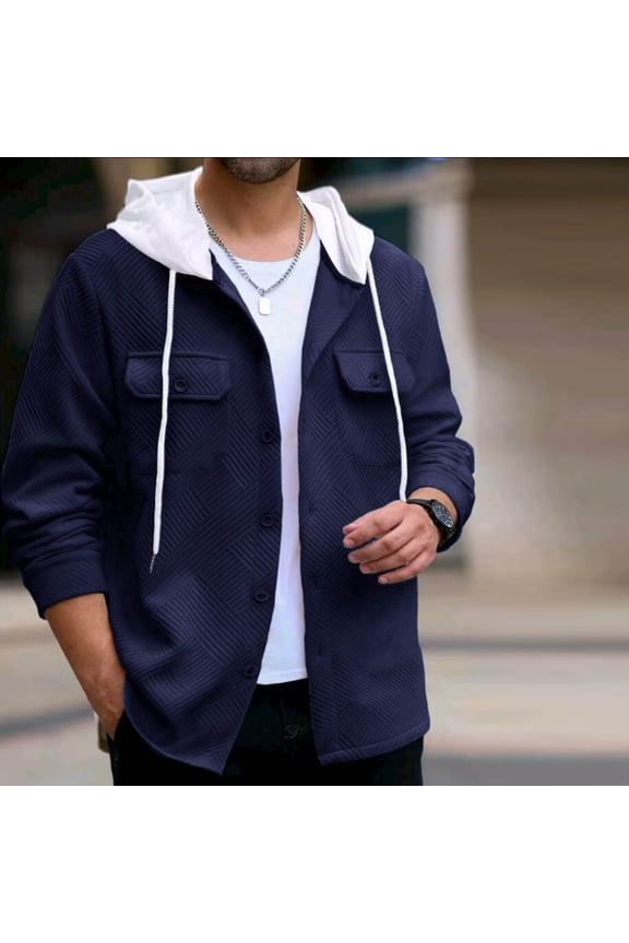 Men's Casual Hooded Jacket, Color-Blocked with Button Closure, Drawstring and Pockets, Sporty Zip-Up Outerwear for Outdoor Activities and Daily Wear