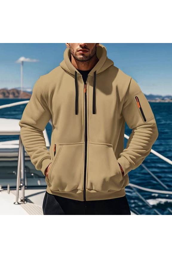 Men's Casual Hooded Long Sleeve Jacket, Fashionable Solid Color Lightweight Outdoor Windbreaker Coat for Hiking Urban Streetwear,Plus Size