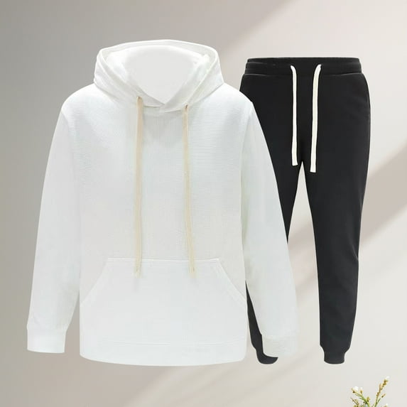 Handshe Men's Casual Hooded Sweatshirt and Jogger Set, Stylish Pure Color Adjustable Drawstring Athleisure Outfit for Running Gym Workout Daily Wear,Plus Size