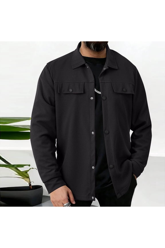 Men's Casual Jacket, Long Sleeve Solid Color Button-Up Collared, Breathable Waffle Knit for Daily Use