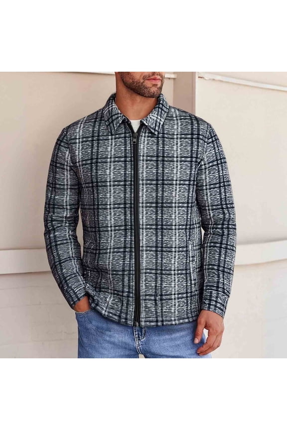 Men's Casual Jacket, Loose Fit Fleece-Lined Plaid with Zipper Pockets, Warm Insulated for Outdoor and Daily Wear