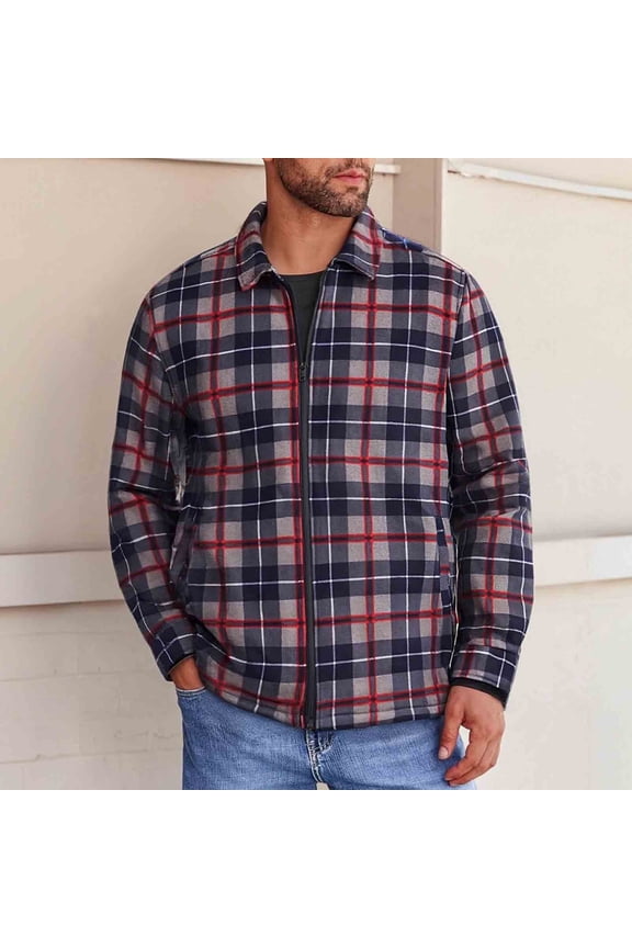 Men's Casual Jacket, Loose Fit Plush Fleece Lined Thick Flannel with Zipper Pockets, Long Sleeve Turn-Down Collar Coat for Daily Wear and Outdoor Activities