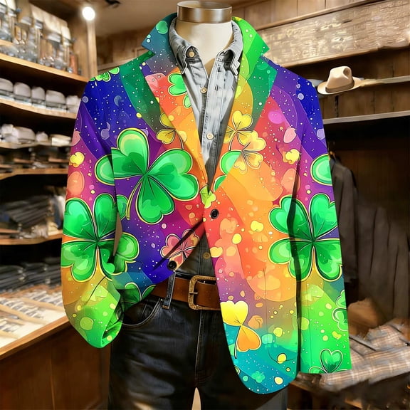 Handshe Men's Casual Jacket, Notch Lapel with Double Buttons and St. Patrick's Print Pattern, Long Sleeve Hoodless Design for Daily Wear and Leisure Wears