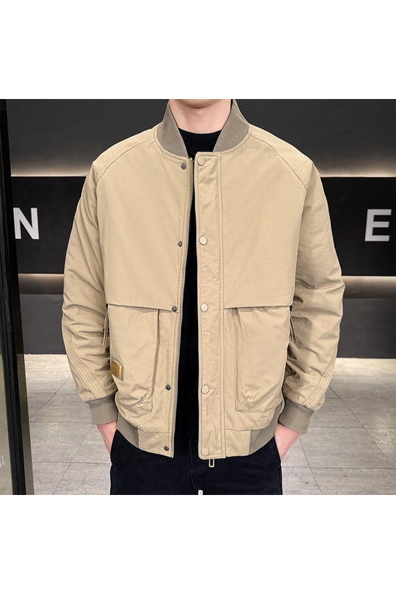 Men's Casual Jacket, Stand Collar with Zipper and Utility Pockets, Cotton-Filled Thickened Winter Coat for Casual Wear and Outdoor Activities