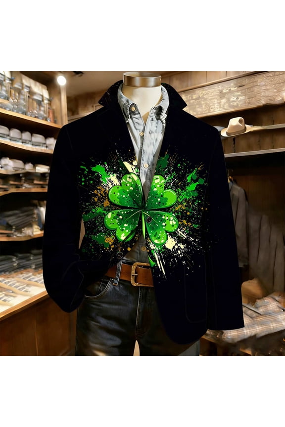 Men's Casual Jacket with St. Patrick's Print, Long Sleeve, Lapel Collar for Daily Wear and Holiday Events