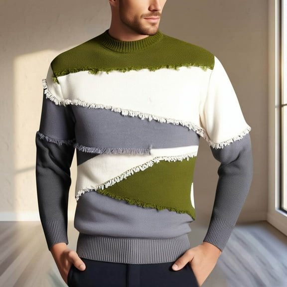 Handshe Men's Casual Knit Sweater Long Sleeve Crew Neck Colorblock Cable Knit Stretchy Elastic Fall Fashion Base Layer