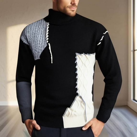 Handshe Men's Casual Knit Sweater Long Sleeve High Collar Colorblock Cable Knit Stretchy Elastic Fall Fashion Base Layer