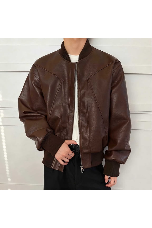 Men's Casual Leather Jacket, Colorblock Bomber with Hood, Biker Style Coat for Motorcycle Riding and Daily Wear
