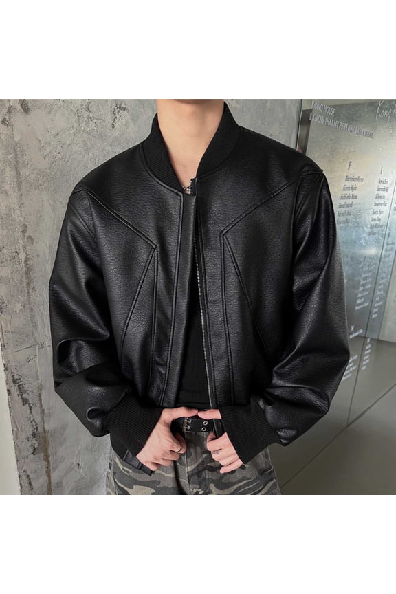 Men's Casual Leather Jacket, Colorblock Bomber with Hood, Biker Style Coat for Motorcycle Riding and Daily Wear