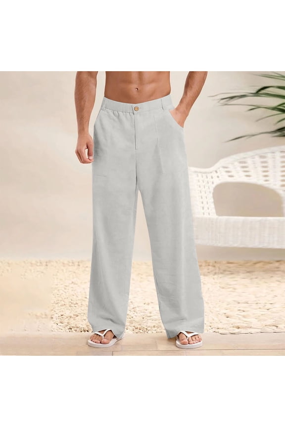 Men's Casual Lightweight Solid Color Beach Pants Breathable with Button-Fastened Pockets for Daily Outdoor Wear,Plus Size