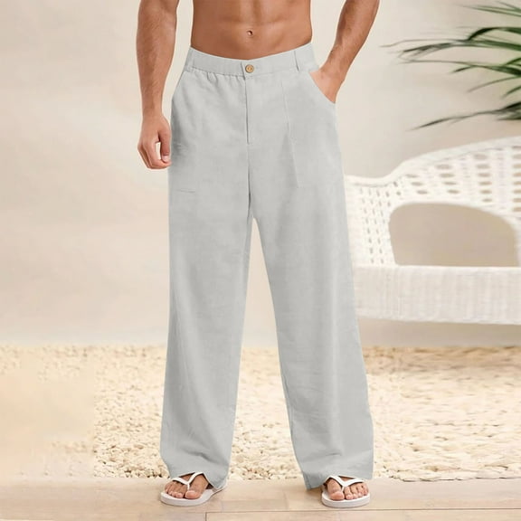 Handshe Men's Casual Lightweight Solid Color Beach Pants Breathable with Button-Fastened Pockets for Daily Outdoor Wear,Plus Size