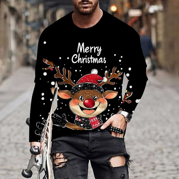 Handshe Men's Casual Long Sleeve Christmas Print Shirt, Fashionable Athletic Top for Holiday, Sports and Daily Outfits