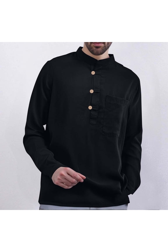Men's Casual Loose Fit Long Sleeve Shirt, Solid Color Fashionable Button-Detailed Stand Collar with Pocket, for Urban Outdoor Daily Wear,Plus Size