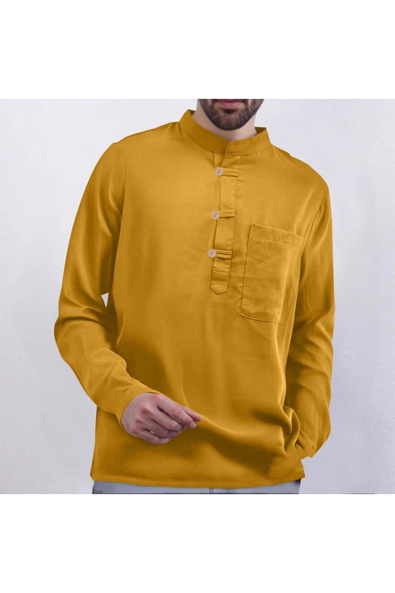 Men's Casual Loose Fit Long Sleeve Shirt, Solid Color Fashionable Button-Detailed Stand Collar with Pocket, for Urban Outdoor Daily Wear,Plus Size