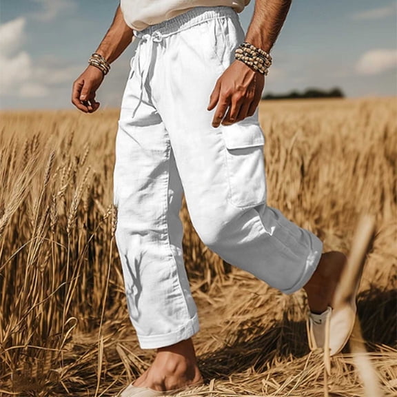 Handshe Men's Casual Loose-Fit Pants with Multi-Pocket Drawstring, Solid Color Relaxed Outdoor Lounge Wear,Plus Size