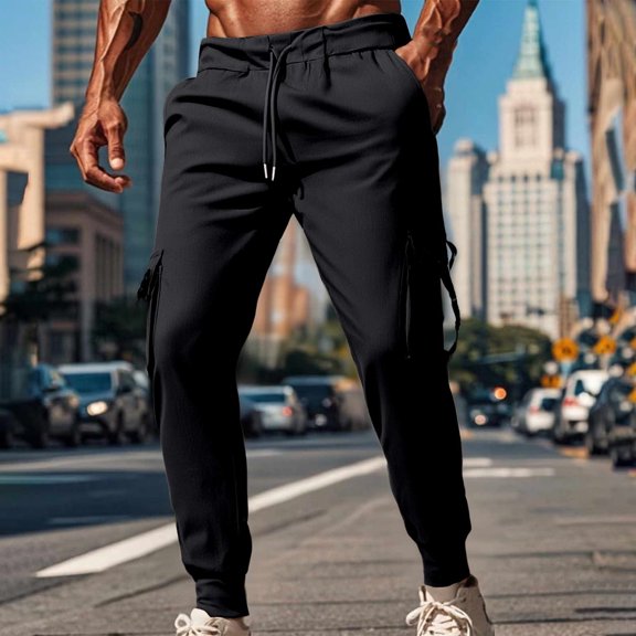 Handshe Men's Casual Pants, Solid Color Drawstring Elastic Waist Zippered Pockets Fashion Trousers for Everyday Wear and Outdoor Activities