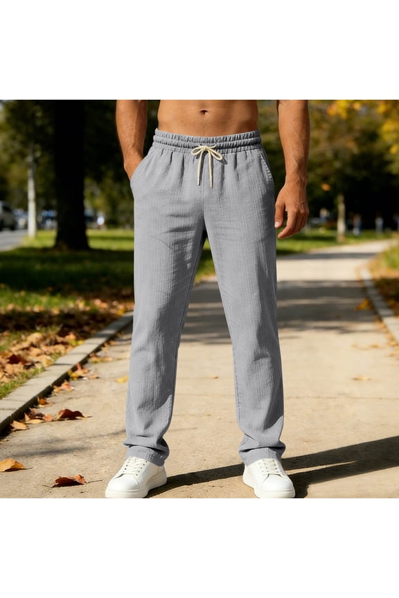 Men's Casual Pants, Solid Color with Drawstring and Pockets, Linen for Comfort, Ideal for Daily Wear
