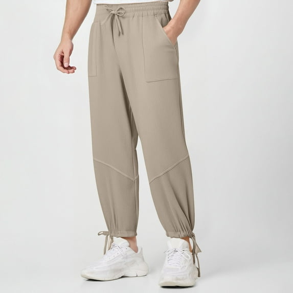 Handshe Men's Casual Pants with Drawstring Cuffs Elastic Waist and Pockets Solid Color Casual Wear,Plus Size