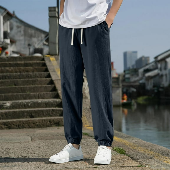 Handshe Men's Casual Pants with Drawstring Pockets & Elastic Waistband, Comfort-Fit Relaxed Outdoor Trousers