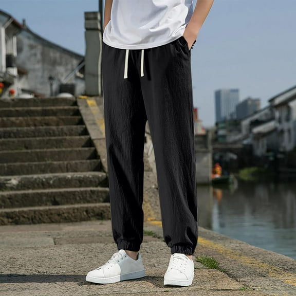Handshe Men's Casual Pants with Drawstring Pockets & Elastic Waistband, Comfort-Fit Relaxed Outdoor Trousers