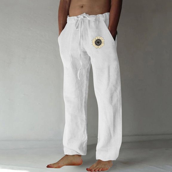 Handshe Men's Casual Pants with Elastic Waist Sunflower Print and Pockets Comfort Fit,Plus Size