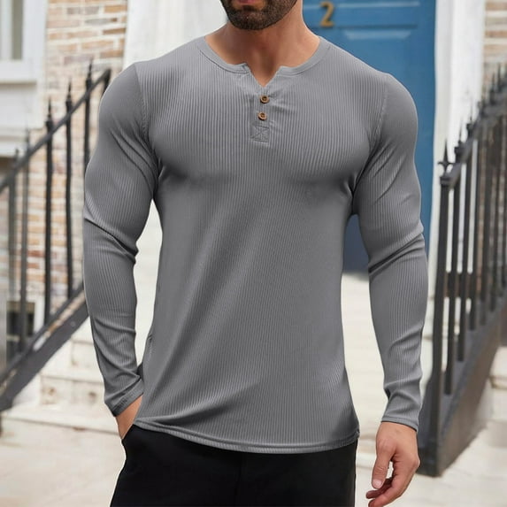Handshe Men's Casual Ribbed Button-Down Shirt, Solid Color Long Sleeve Round Neck T-Shirt for Fashion and Daily