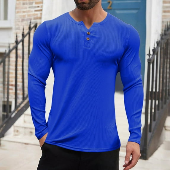 Handshe Men's Casual Ribbed Button-Down Shirt, Solid Color Long Sleeve Round Neck T-Shirt for Fashion and Daily