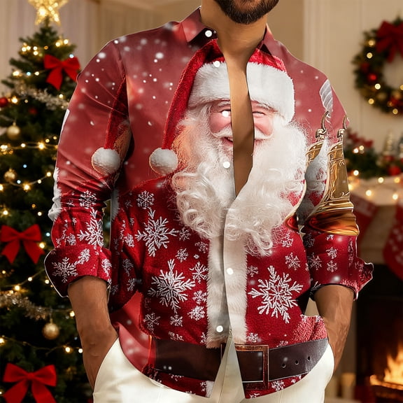 Handshe Men's Casual Shirt with Festive Christmas Print, Long Sleeve Collared Design for Holiday, Party, and Daily Wear