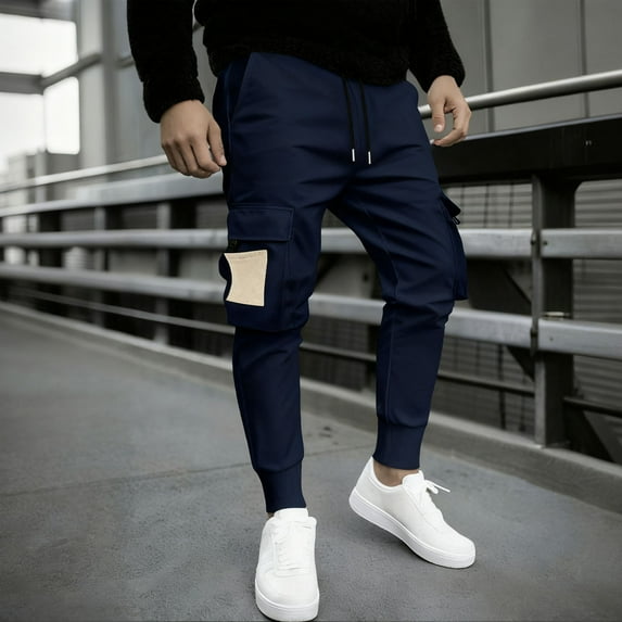 Handshe Men's Casual Solid Color Drawstring Elastic Waist Pants with Zippered Pockets, Stylish Loose Fit Trousers for Outdoor Travel