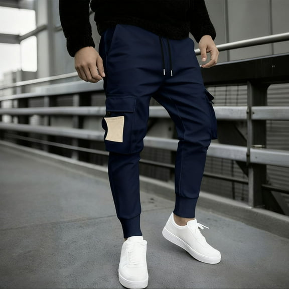 Handshe Men's Casual Solid Color Drawstring Elastic Waist Pants with Zippered Pockets, Stylish Loose Fit Trousers for Outdoor Travel