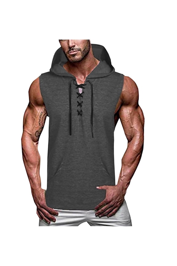 Men's Casual Solid Color Hooded Drawstring Hip - Hop Sports Sleeveless Vest Top