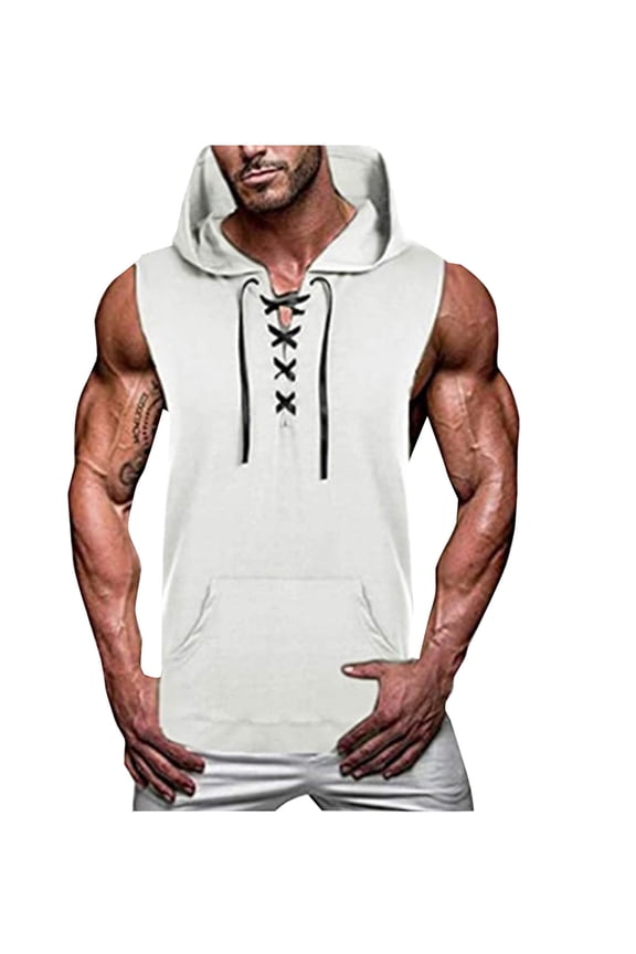 Men's Casual Solid Color Hooded Drawstring Hip - Hop Sports Sleeveless Vest Top