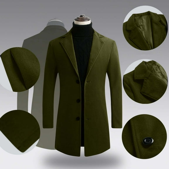 Handshe Men's Casual Solid Color Overcoat, Single Breasted Long Sleeve Coat with Pockets, Trench Coat for Daily Wear and Outdoor Activities,Plus Size