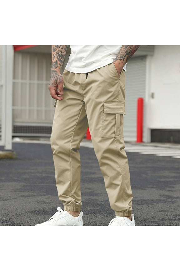 Men's Casual Solid Pants with Drawstring Cuffed Hem and Multi-Pockets Slim Fit Comfortable Outdoor
