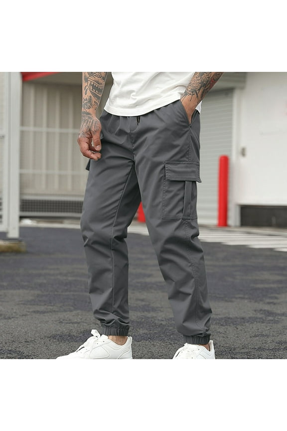 Men's Casual Solid Pants with Drawstring Cuffed Hem and Multi-Pockets Slim Fit Comfortable Outdoor