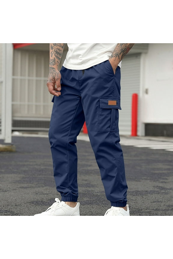 Men's Casual Solid Pants with Drawstring Cuffed Hem and Multiple Pockets Comfortable Tapered Leg Design