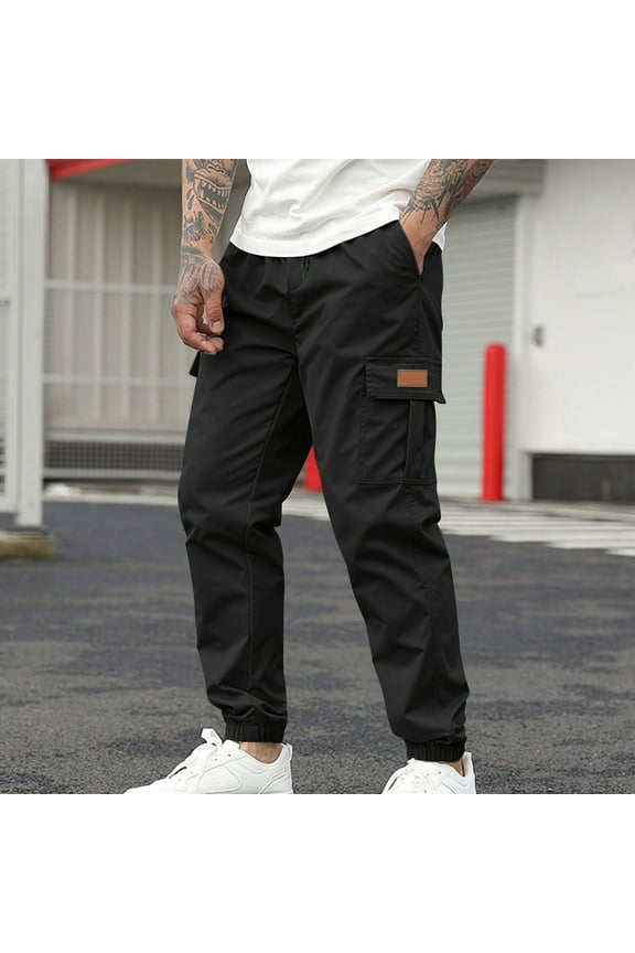 Men's Casual Solid Pants with Drawstring Cuffed Hem and Multiple Pockets Comfortable Tapered Leg Design