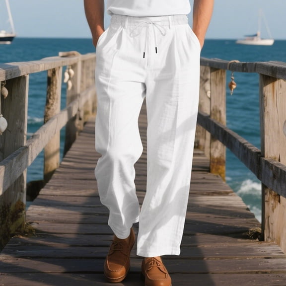 Handshe Men's Casual Solid Straight-Leg Pants with Elastic Waist & Drawstring Pockets - Breathable Comfort Fit